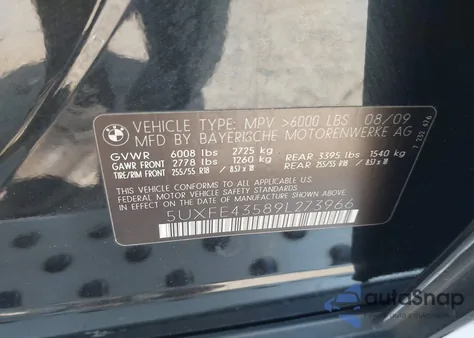 2009 BMW X5 xDrive30I из США, поврежденный, VIN 5UXFE43589L273966